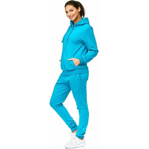 L.gonline Freizeitanzug Damen Jogginganzug einfarbig 100% Baumwolle 586 Türkis XXL (Kapuzenjacke mit Reißverschluss, Hose, 2-tlg), Fitness Freizeit Casual
