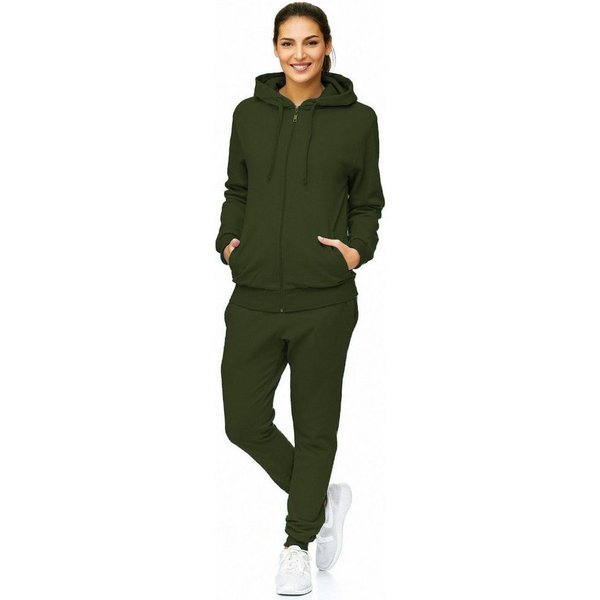 L.gonline Freizeitanzug Damen Jogginganzug einfarbig 100% Baumwolle 586 Oliv 3XL (Kapuzenjacke mit Reißverschluss, Hose, 2-tlg), Fitness Freizeit Casual