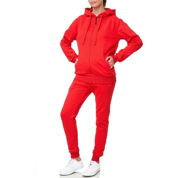 L.gonline Freizeitanzug Damen Jogginganzug einfarbig 100% Baumwolle 586 Rot 3XL (Kapuzenjacke mit Reißverschluss, Hose, 2-tlg), Fitness Freizeit Casual