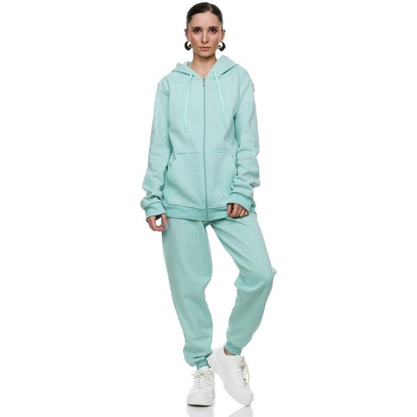 L.gonline Freizeitanzug Damen Jogginganzug einfarbig 100% Baumwolle 586 Mint 3XL (Kapuzenjacke mit Reißverschluss, Hose, 2-tlg), Fitness Freizeit Casual