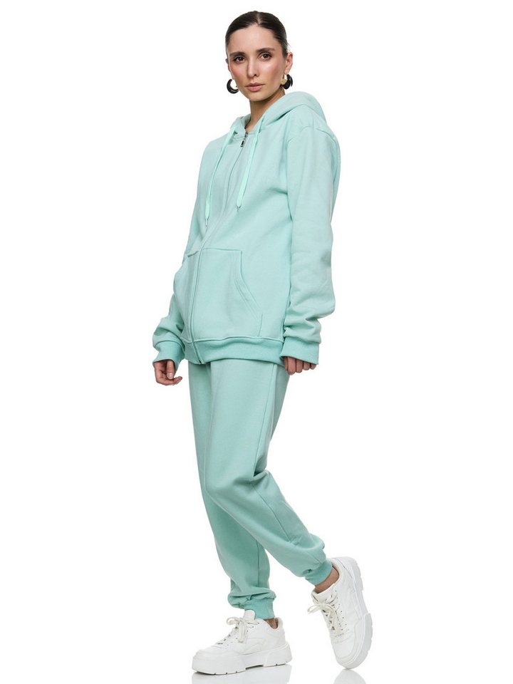 L.gonline Freizeitanzug Damen Jogginganzug einfarbig 100% Baumwolle 586 Mint 3XL (Kapuzenjacke mit Reißverschluss, Hose, 2-tlg), Fitness Freizeit Casual – Bild 2 von 5