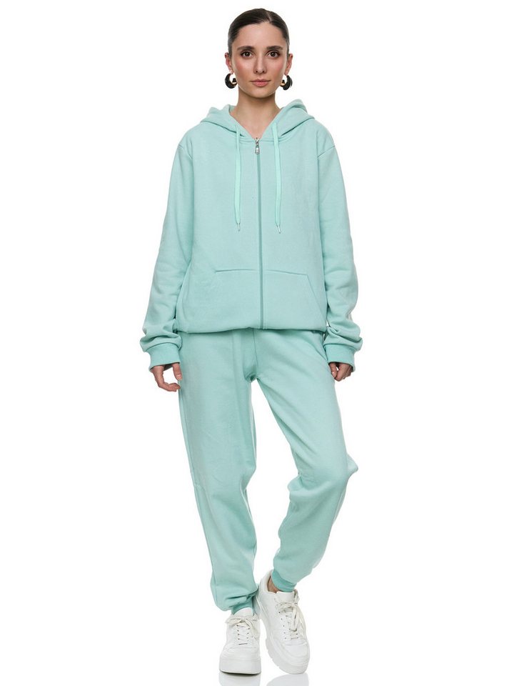 L.gonline Freizeitanzug Damen Jogginganzug einfarbig 100% Baumwolle 586 Mint 3XL (Kapuzenjacke mit Reißverschluss, Hose, 2-tlg), Fitness Freizeit Casual – Bild 3 von 5