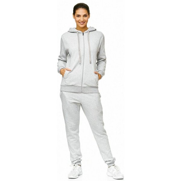 L.gonline Freizeitanzug Damen Jogginganzug einfarbig 100% Baumwolle 586 Grau XXL (Kapuzenjacke mit Reißverschluss, Hose, 2-tlg), Fitness Freizeit Casual