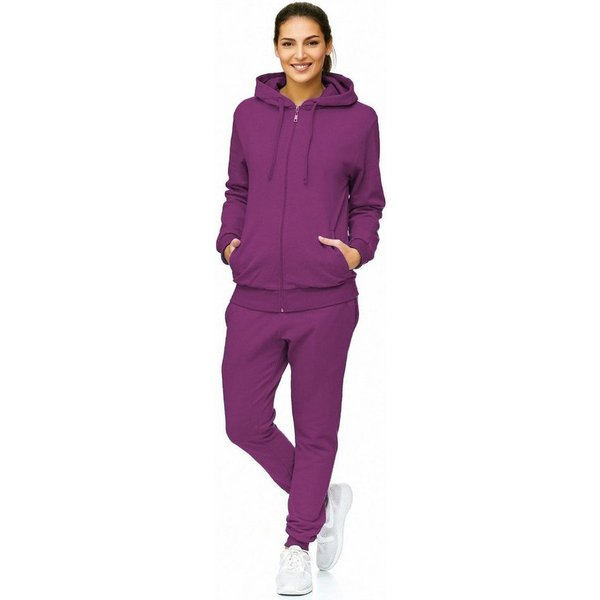 L.gonline Freizeitanzug Damen Jogginganzug einfarbig 100% Baumwolle 586 Lila 3XL (Kapuzenjacke mit Reißverschluss, Hose, 2-tlg), Fitness Freizeit Casual