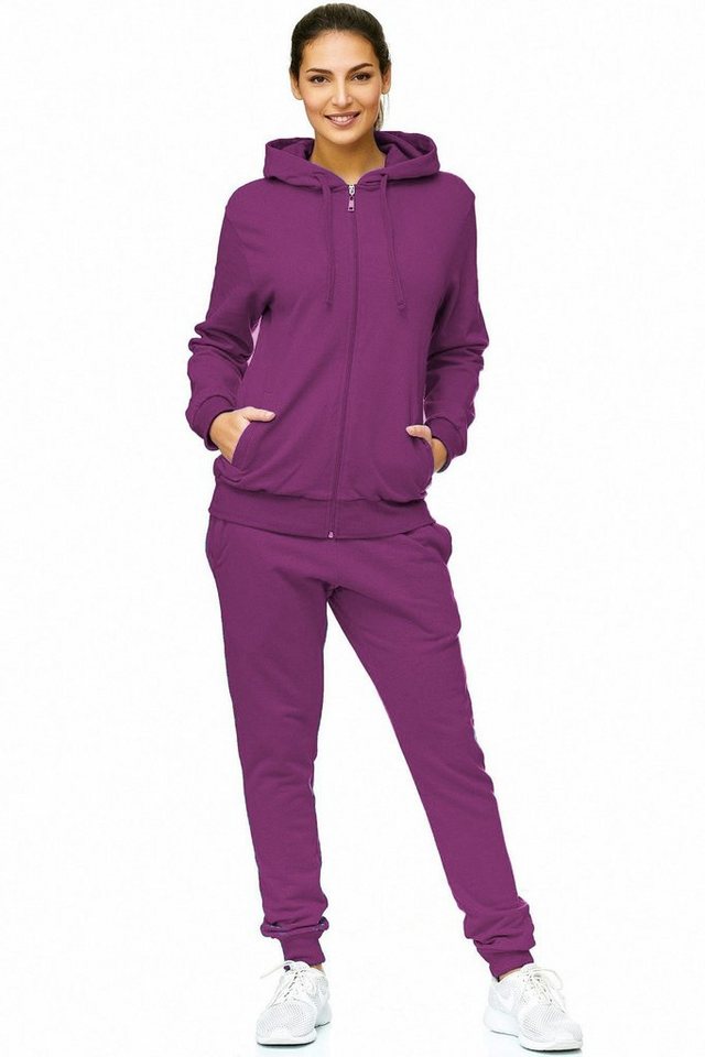 L.gonline Freizeitanzug Damen Jogginganzug einfarbig 100% Baumwolle 586 Lila 3XL (Kapuzenjacke mit Reißverschluss, Hose, 2-tlg), Fitness Freizeit Casual – Bild 2 von 5