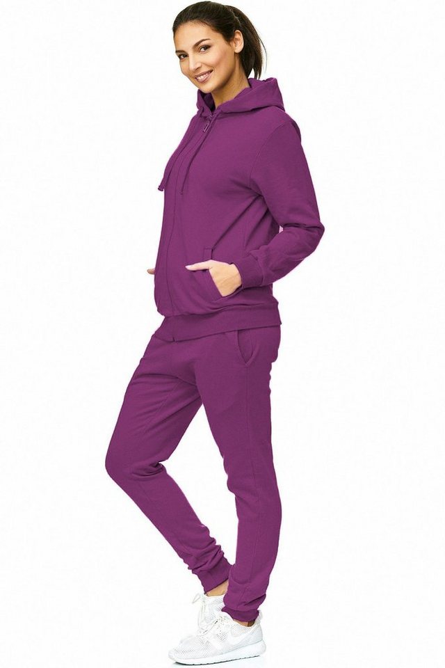 L.gonline Freizeitanzug Damen Jogginganzug einfarbig 100% Baumwolle 586 Lila 3XL (Kapuzenjacke mit Reißverschluss, Hose, 2-tlg), Fitness Freizeit Casual – Bild 3 von 5
