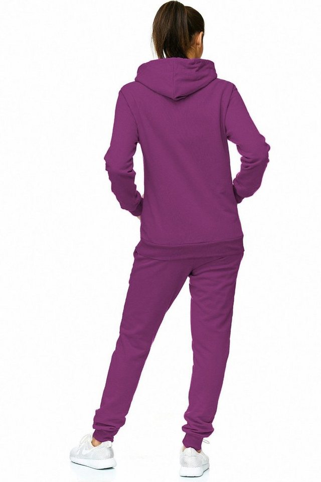 L.gonline Freizeitanzug Damen Jogginganzug einfarbig 100% Baumwolle 586 Lila 3XL (Kapuzenjacke mit Reißverschluss, Hose, 2-tlg), Fitness Freizeit Casual – Bild 4 von 5
