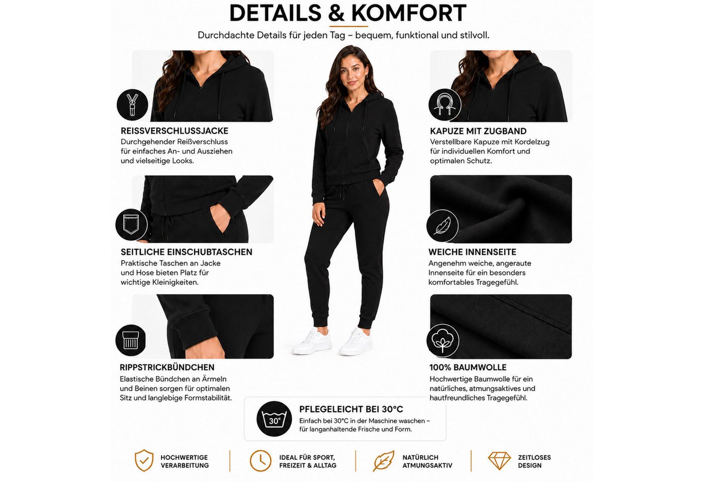 L.gonline Freizeitanzug Damen Jogginganzug einfarbig 100% Baumwolle 586 Lila 3XL (Kapuzenjacke mit Reißverschluss, Hose, 2-tlg), Fitness Freizeit Casual – Bild 5 von 5