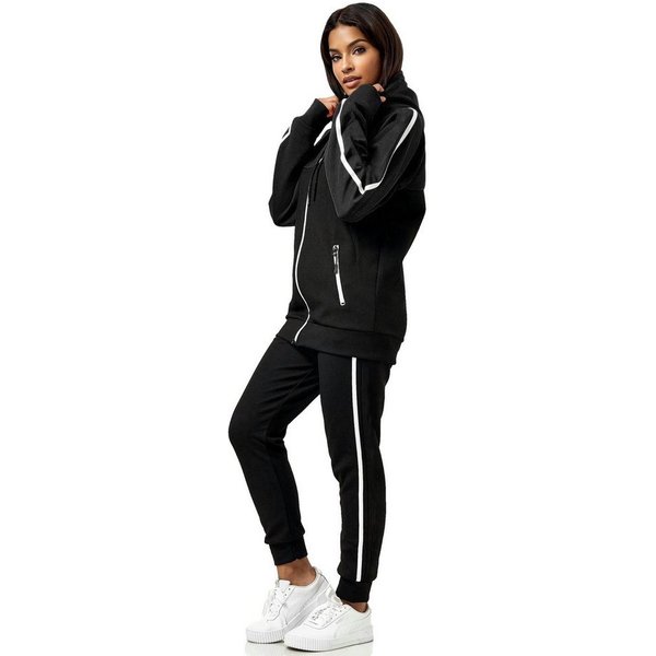 L.gonline Freizeitanzug Damen Jogginganzug Freizeitanzug Sportlich 3750 (Kapuzenjacke mit Reißverschluss, Hose, 2-tlg), mit Streifen