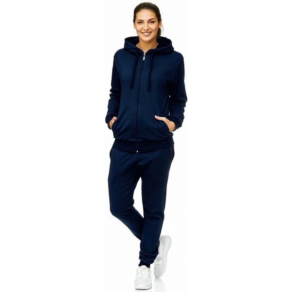 L.gonline Freizeitanzug Damen Jogginganzug einfarbig 100% Baumwolle 586 Navy 3XL (Kapuzenjacke mit Reißverschluss, Hose, 2-tlg), Fitness Freizeit Casual