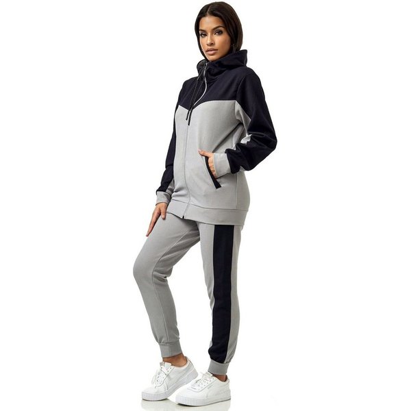L.gonline Freizeitanzug Damen Trainingsanzug, Jogginganzug mit Kapuzenjacke, 0986 (Kapuzenjacke mit Reißverschluss, Hose, 2-tlg), Fitness Freizeit Casual