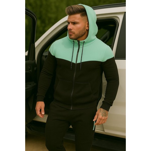 L.gonline Freizeitanzug Herren Jogginganzug, Freizeitanzug 984 schwarz/mint L (Kapuzenjacke mit Reißverschluss, Hose, 2-tlg), Fitness Freizeit Casual