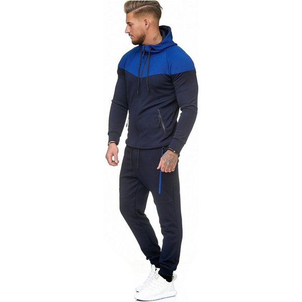 L.gonline Freizeitanzug Herren Jogginganzug, Freizeitanzug 984 schwarz/blau L (Kapuzenjacke mit Reißverschluss, Hose, 2-tlg), Fitness Freizeit Casual