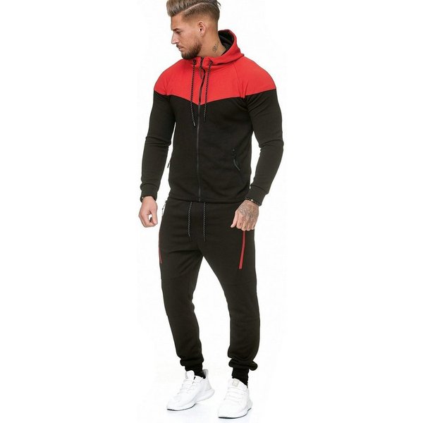 L.gonline Freizeitanzug Herren Jogginganzug, Freizeitanzug 984 Schwarz/Rot S (Kapuzenjacke mit Reißverschluss, Hose, 2-tlg), Fitness Freizeit Casual