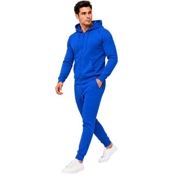 L.gonline Freizeitanzug Herren Jogginganzug einfarbig 100% BW 586 Blau 3XL (Kapuzenjacke mit Reißverschluss, Hose, 2-tlg), Fitness Freizeit Casual