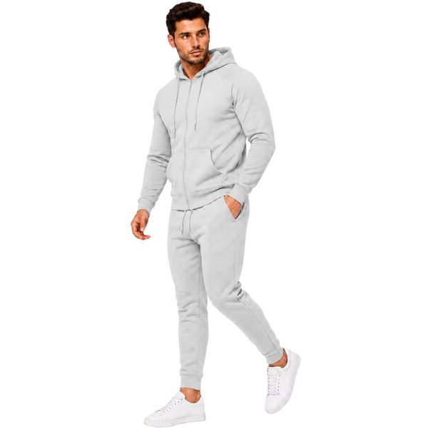 L.gonline Freizeitanzug Herren Jogginganzug einfarbig 100% BW 586 Grau XL (Kapuzenjacke mit Reißverschluss, Hose, 2-tlg), Fitness Freizeit Casual