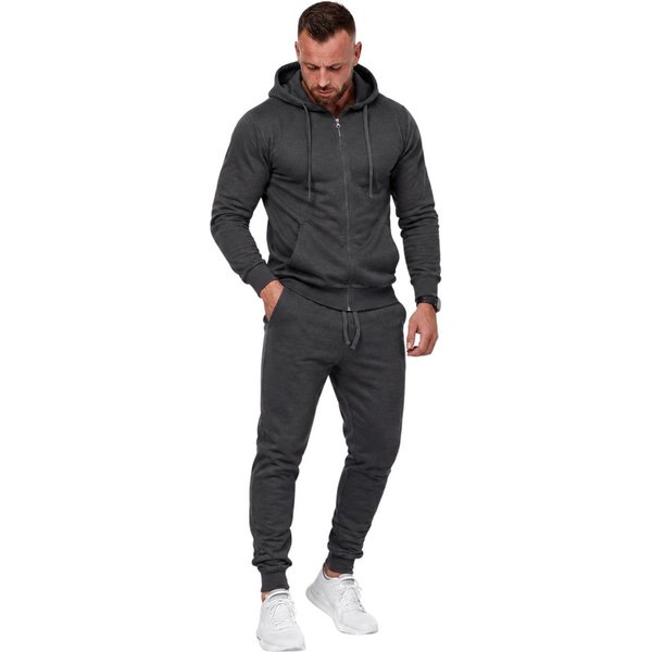 L.gonline Freizeitanzug Herren Jogginganzug einfarbig 100% BW 586 Anthrazit XXL (Kapuzenjacke mit Reißverschluss, Hose, 2-tlg), Fitness Freizeit Casual