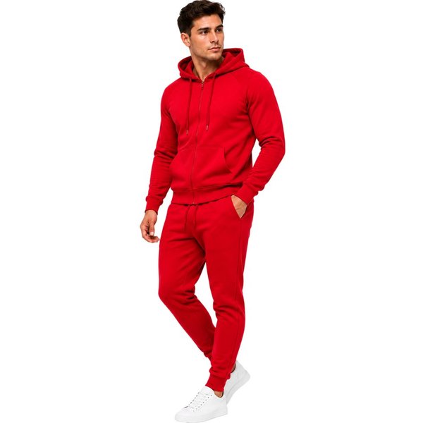 L.gonline Freizeitanzug Herren Jogginganzug einfarbig 100% BW 586 Rot XXL (Kapuzenjacke mit Reißverschluss, Hose, 2-tlg), Fitness Freizeit Casual