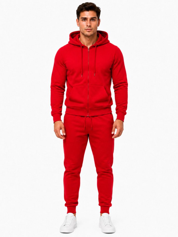 L.gonline Freizeitanzug Herren Jogginganzug einfarbig 100% BW 586 Rot XL (Kapuzenjacke mit Reißverschluss, Hose, 2-tlg), Fitness Freizeit Casual – Bild 2 von 5