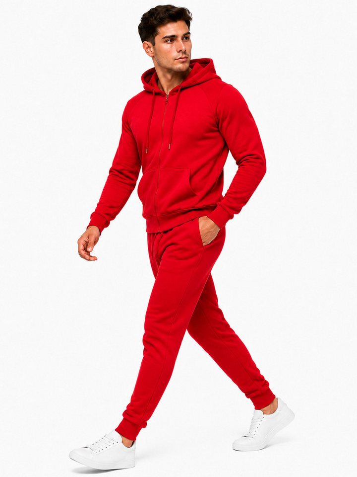 L.gonline Freizeitanzug Herren Jogginganzug einfarbig 100% BW 586 Rot XL (Kapuzenjacke mit Reißverschluss, Hose, 2-tlg), Fitness Freizeit Casual – Bild 4 von 5
