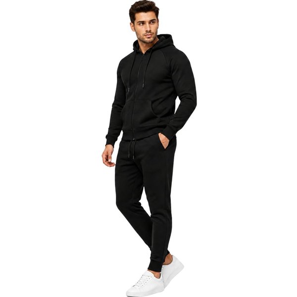 L.gonline Freizeitanzug Herren Jogginganzug einfarbig 100% BW 586 Schwarz XL (Kapuzenjacke mit Reißverschluss, Hose, 2-tlg), Fitness Freizeit Casual