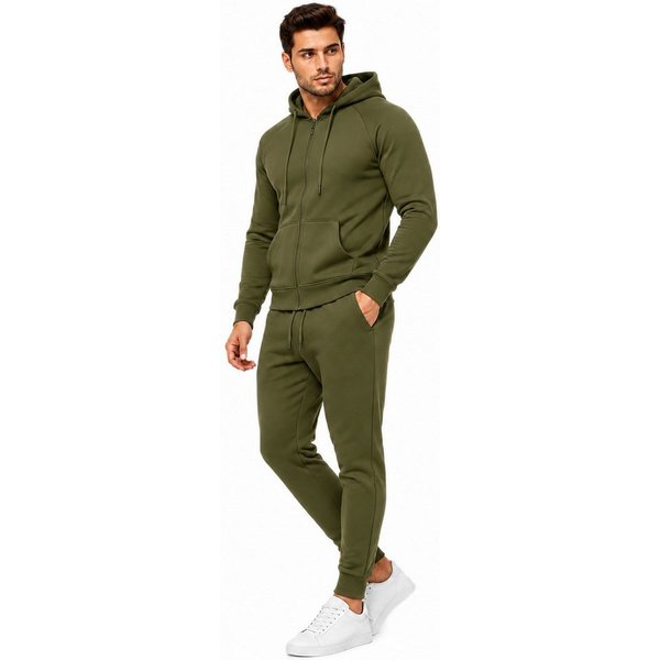 L.gonline Freizeitanzug Herren Jogginganzug einfarbig 100% BW 586 Oliv 3XL (Kapuzenjacke mit Reißverschluss, Hose, 2-tlg), Fitness Freizeit Casual