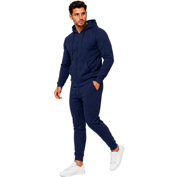 L.gonline Freizeitanzug Herren Jogginganzug einfarbig 100% BW 586 Navy XL (Kapuzenjacke mit Reißverschluss, Hose, 2-tlg), Fitness Freizeit Casual