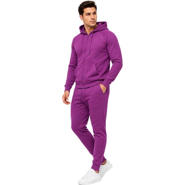 L.gonline Freizeitanzug Herren Jogginganzug einfarbig 100% BW 586 Lila XXL (Kapuzenjacke mit Reißverschluss, Hose, 2-tlg), Fitness Freizeit Casual