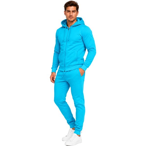 L.gonline Freizeitanzug Herren Jogginganzug einfarbig 100% BW 586 Türkis 3XL (Kapuzenjacke mit Reißverschluss, Hose, 2-tlg), Fitness Freizeit Casual