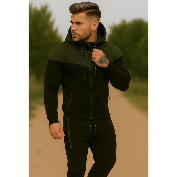 L.gonline Freizeitanzug Herren Jogginganzug, Freizeitanzug 984 Schwarz Oliv M (Kapuzenjacke mit Reißverschluss, Hose, 2-tlg), Fitness Freizeit Casual