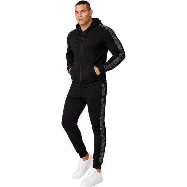 L.gonline Freizeitanzug Herren Jogginganzug zweifarbig sportlich mit Streifen, 526 (Kapuzenjacke mit Reißverschluss, Hose, 2-tlg), Fitness Freizeit Casual