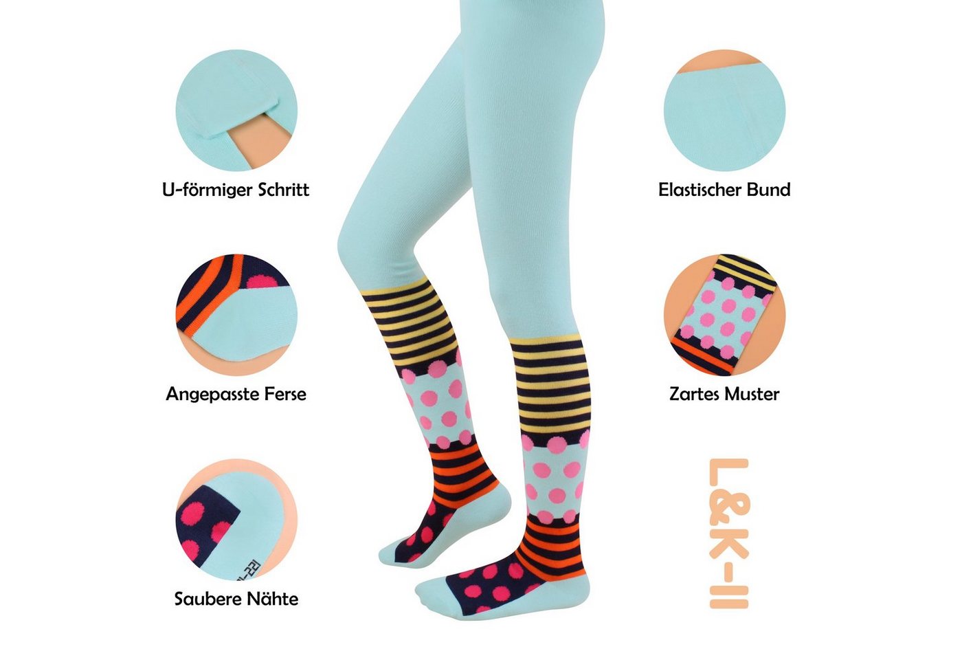 L&K-II Strumpfhose 2761 (3er-Pack) blickdicht Mädchen Strumpfhosen mit Punkte und Streifen Mustern – Bild 2 von 5