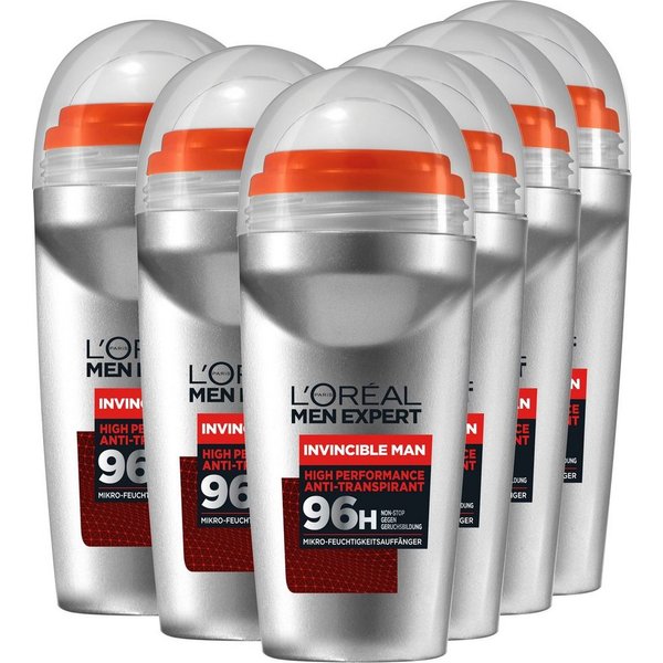 L'ORÉAL PARIS MEN EXPERT Deo-Roller Invicible 96h, Packung, 6-tlg., mit hoher Zuverlässigkeit