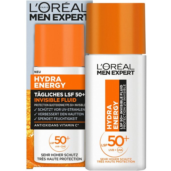 L'ORÉAL PARIS MEN EXPERT Gesichtsfluid HYDRA ENERGY TÄGLICHES LSF 50+ INVISIBLE FLUID, Beugt sonnenbedingte Hautalterung vor, fettet und klebt nicht.