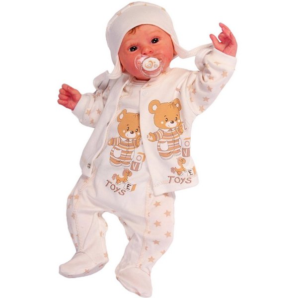 La Bortini Strampler, Jäckchen & Mütze Baby Anzug Stramplerhose Hemdchen Mütze mit Sternen aus reiner Baumwolle, in Creme, mit Bärchen, 44 50 56 62 68 74