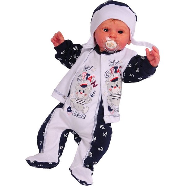 La Bortini Strampler Baby Anzug 3Tlg Strampler Hemdchen Mütze mit Anker und Bär aus reiner Baumwolle, 44-50 56 62 68 74 80 in weiß blau