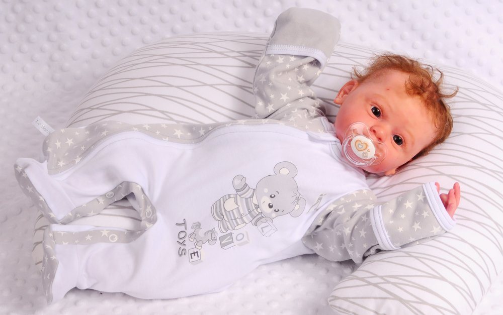 La Bortini Strampler Baby Overall mit Kratzschutz Einteiler in Weiß Grau mit Bärchen aus reiner Baumwolle, 44 50 56 62 68 74 80 86 – Bild 3 von 3