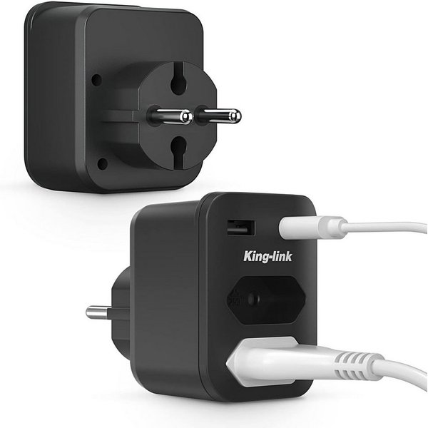 LA CUTE Doppelstecker 4-in-1 Mehrfachsteckdose USB 4000W Adapter Schwarz Mehrfachsteckdose 4-fach (2x Euro-Steckplätze (Typ C/EF), 2x USB-A Ports (5V/2,4A), Fla