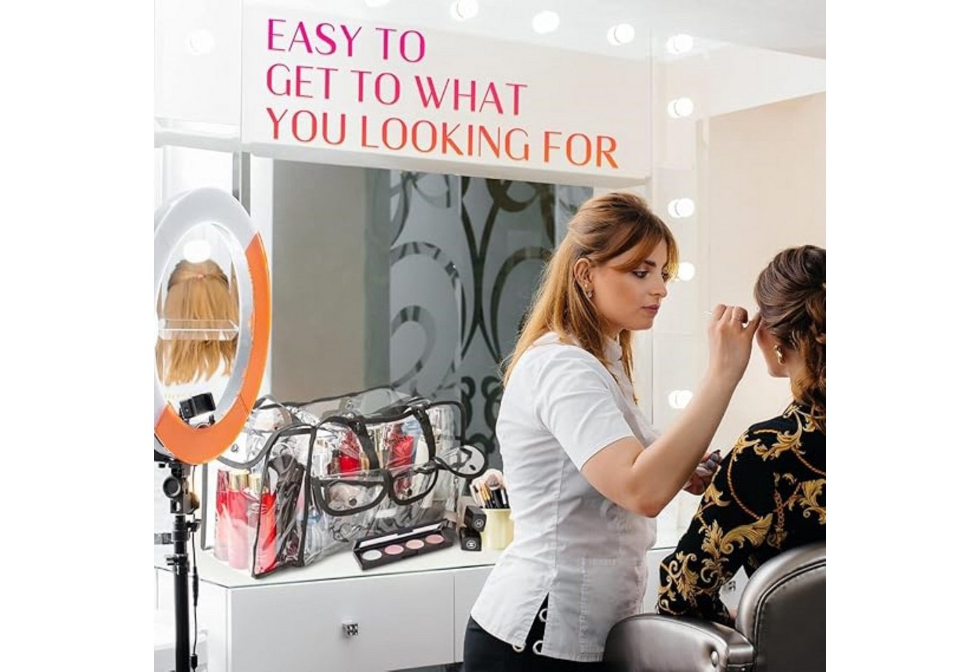 LA CUTE Kosmetiktasche Make-up-Tasche, transparent, mit Außentaschen und Schultergurt (Komplettes Kosmetik-Organizer-Set mit vielseitigen Fächern., Transparente – Bild 2 von 5