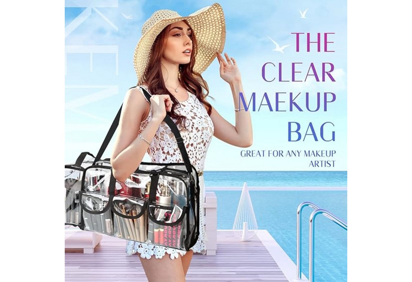 LA CUTE Kosmetiktasche Make-up-Tasche, transparent, mit Außentaschen und Schultergurt (Komplettes Kosmetik-Organizer-Set mit vielseitigen Fächern., Transparente – Bild 3 von 5