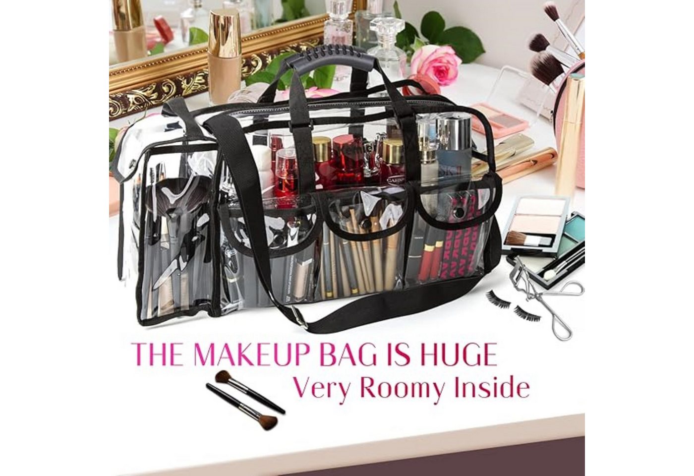 LA CUTE Kosmetiktasche Make-up-Tasche, transparent, mit Außentaschen und Schultergurt (Komplettes Kosmetik-Organizer-Set mit vielseitigen Fächern., Transparente – Bild 5 von 5