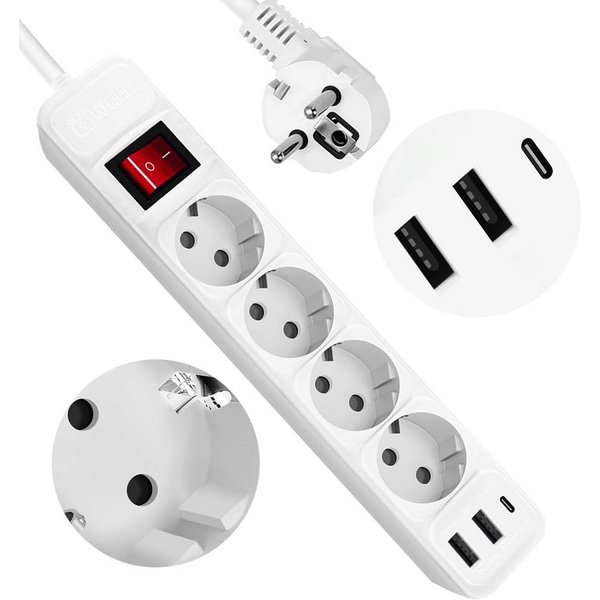 LA CUTE Mehrfachsteckdose mit USB-C, 4 Steckplätzen & Schalter, 3500W Mehrfachsteckdose 7-fach (4 Steckplätze, 2 USB-Anschlüsse, 1 USB-C-Anschluss, Netzschalter