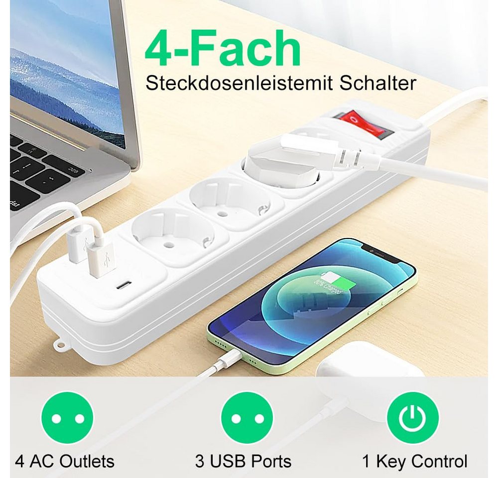 LA CUTE Mehrfachsteckdose mit USB-C, 4 Steckplätzen & Schalter, 3500W Mehrfachsteckdose 7-fach (4 Steckplätze, 2 USB-Anschlüsse, 1 USB-C-Anschluss, Netzschalter – Bild 2 von 5