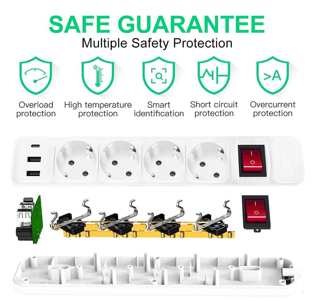 LA CUTE Mehrfachsteckdose mit USB-C, 4 Steckplätzen & Schalter, 3500W Mehrfachsteckdose 7-fach (4 Steckplätze, 2 USB-Anschlüsse, 1 USB-C-Anschluss, Netzschalter – Bild 3 von 5
