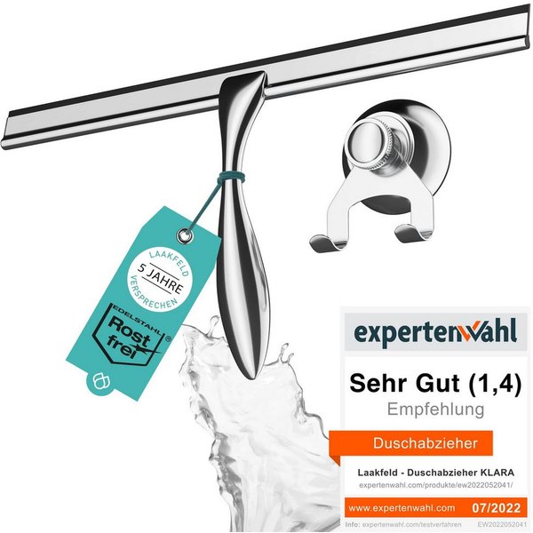 Laakfeld Duschabzieher Extra Breit, 30,5cm Abzieher aus Edelstahl mit Silikon Lippe, (Duschwischer inkl. Saugnapf Halterung ohne Bohren), Duschabzieher breit mi