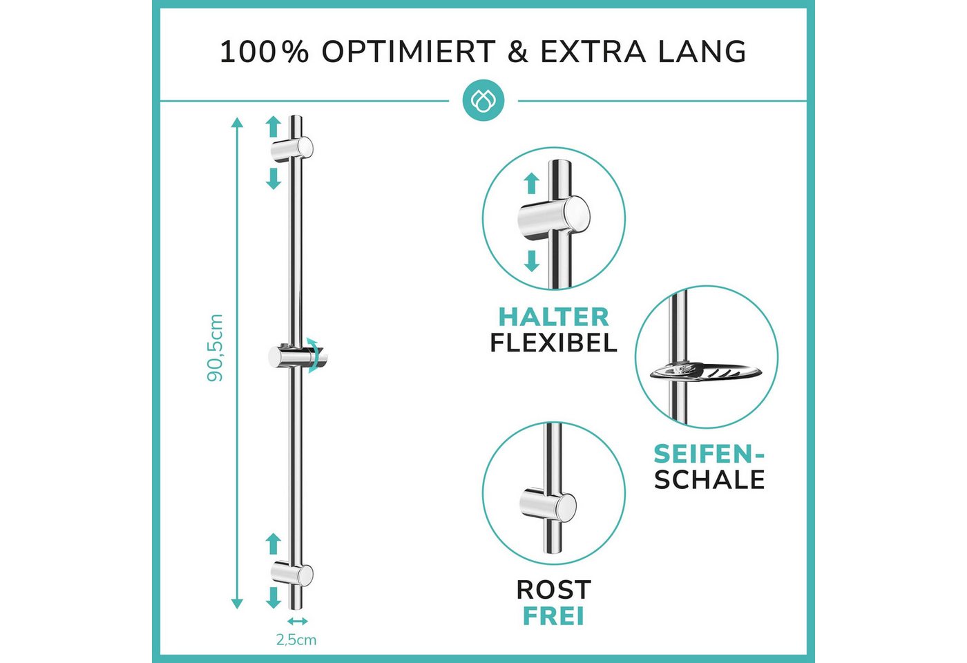 Laakfeld Duschstange Edelstahl Duschstange rostfrei - Brausestange variable Bohrlöcher, Dusch Stange & top Slider (einfach, flexibel, stabil) – Bild 2 von 5