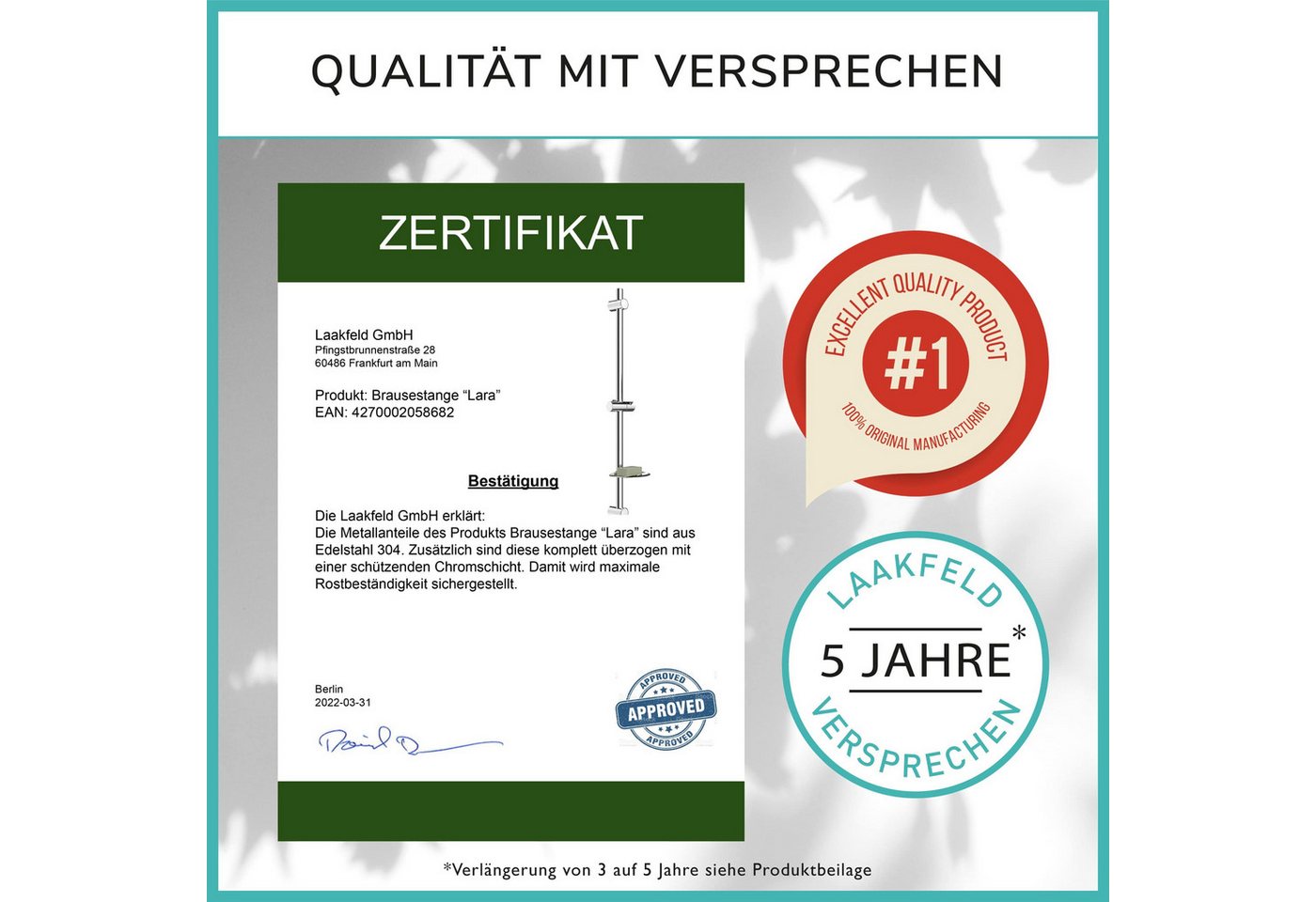 Laakfeld Duschstange Edelstahl Duschstange rostfrei - Brausestange variable Bohrlöcher, Dusch Stange & top Slider (einfach, flexibel, stabil) – Bild 5 von 5