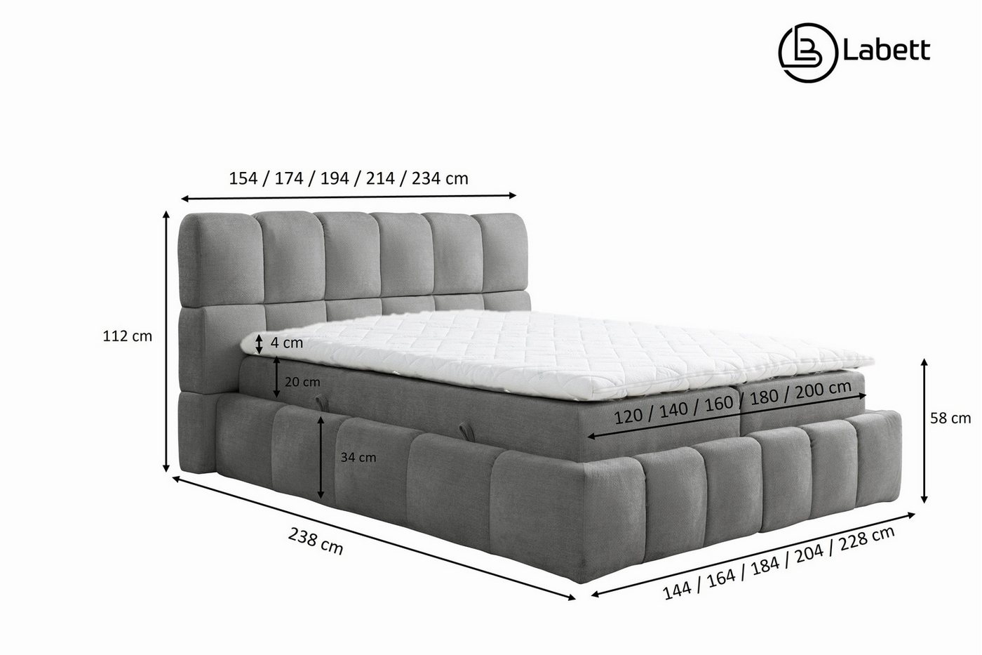 Labett Boxspringbett AURA Bubble Boucle Bett mit Stauraum - 140x200 160x200 180x200 200x200 – Bild 4 von 5