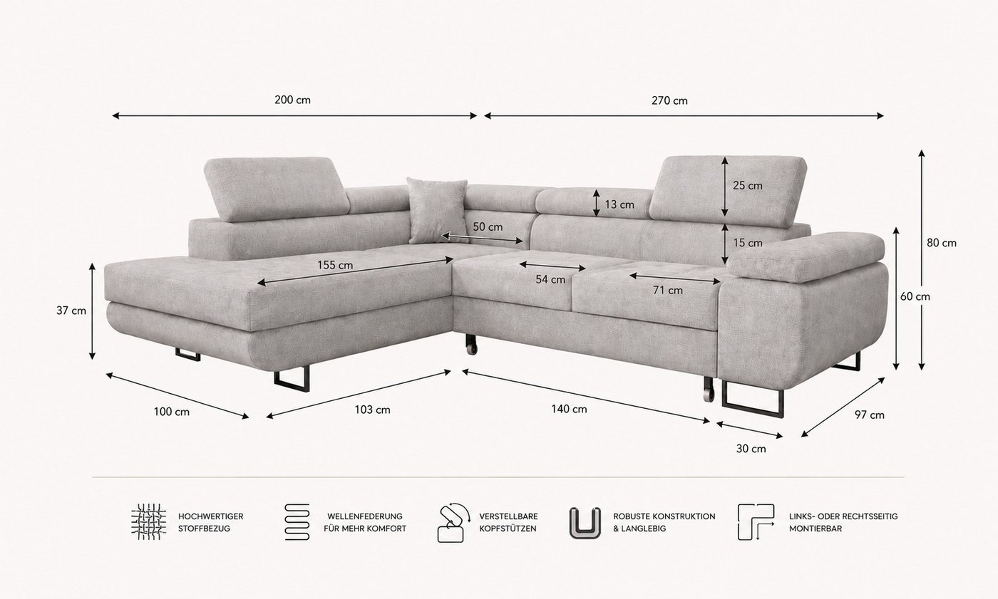 Labett Ecksofa mit Schlaffunktion & Bettkasten Links/Rechts Sofa L-Form GUERO – Bild 5 von 5