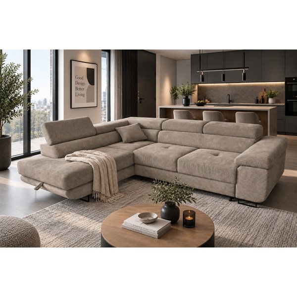 Labett Ecksofa mit Schlaffunktion & Bettkasten Links/Rechts Sofa L-Form GUSTAVO, Kopfstützen, Cordstoff, Schlafsofa